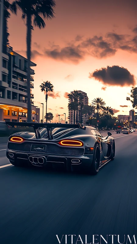 Sunset boulevard hypercar streaking through neon dusk.