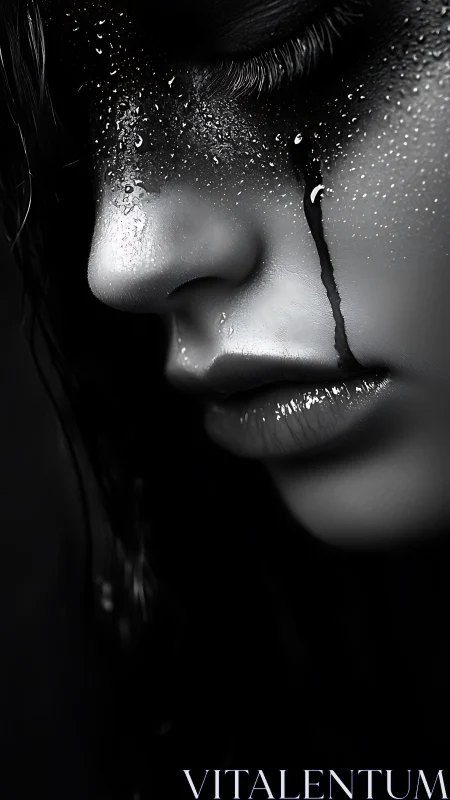 Monochrome close-up portrait with tear-streaked wet skin detail.