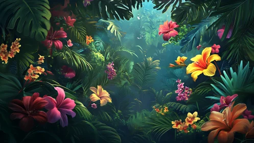Lush Jungle Canopy with Vibrant Tropical Flowers