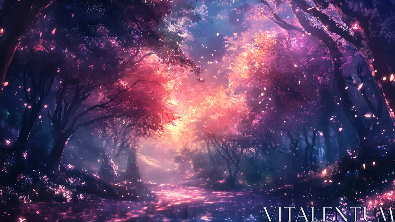 Enchanted twilight forest path glowing with gentle magic.