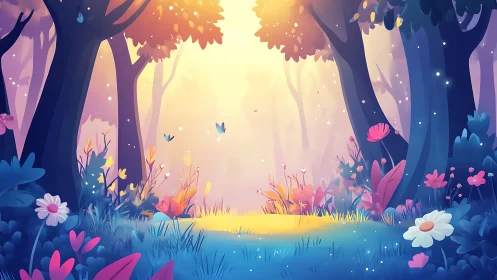 Enchanted Forest Glade With Golden Light.