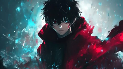 Digital painting portrait with volatile neon-red energy field.