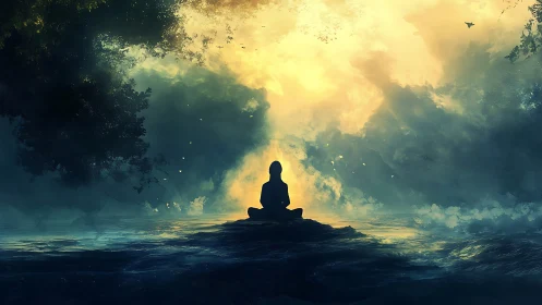 Solitary meditator silhouetted against ethereal backlit mist