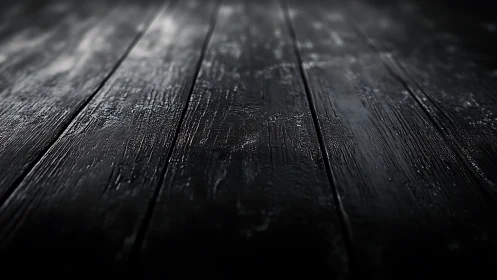 Dark wooden floorboards exhibit shallow depth of field focus