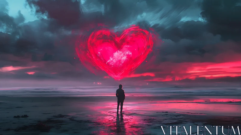 Solitary figure gazes upon a luminous heart in the sky