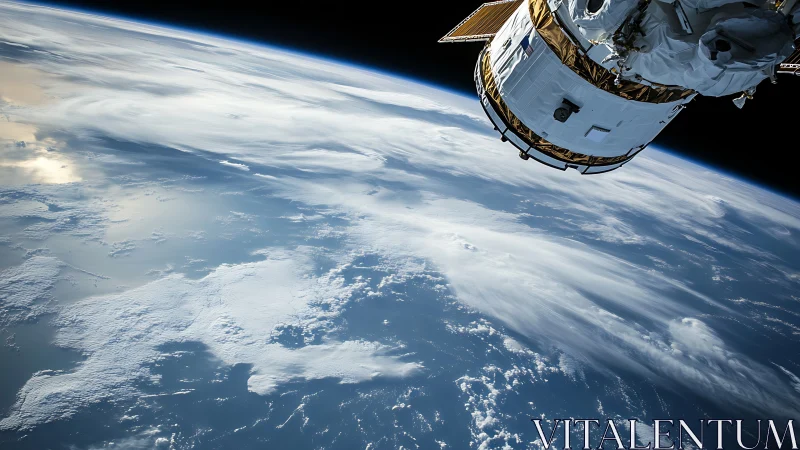 Orbital sentinel gazes across swirling blue Earth below.