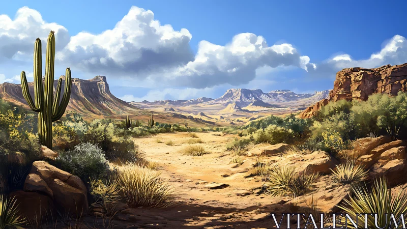 Sunlit desert trail welcomes a calm walk between mesas