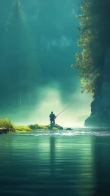 Solitary angler on misty forest riverbank at dawn light.