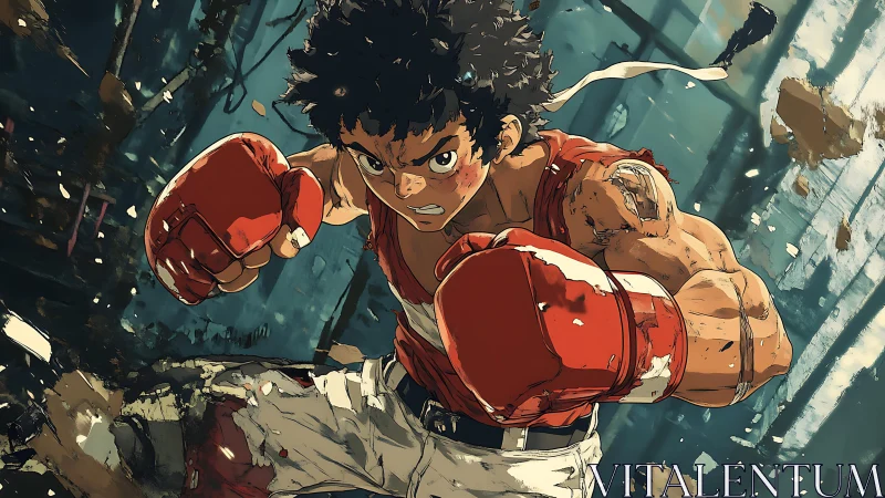 Young boxer unleashes powerful combination in urban destruction scene.