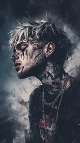 Moody tattooed portrait bathed in stormy, dreamlike light.