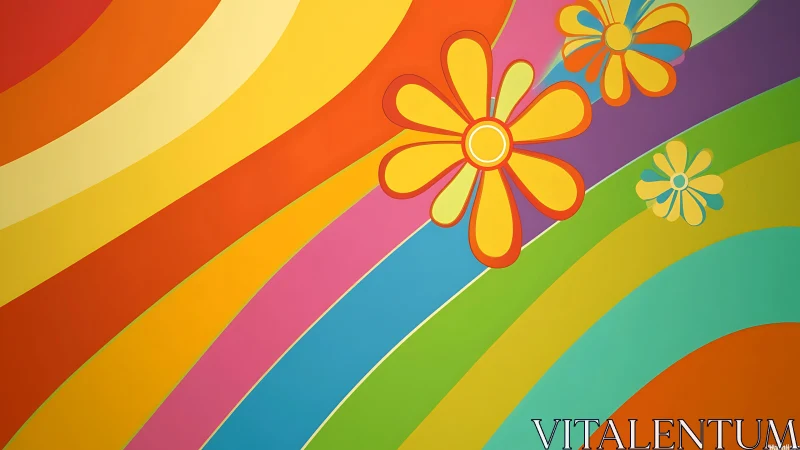 Retro pop art flowers on sweeping rainbow bands background.