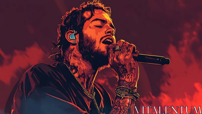 Digital portrait singer performing with mic on red stage.