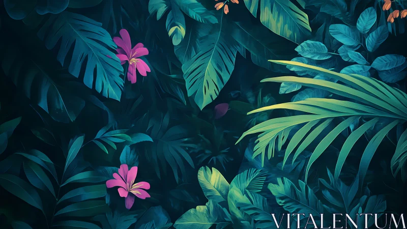 Dense tropical foliage with pink flowers rendered in detail