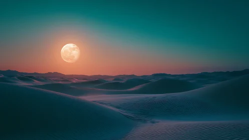 Full moon over layered desert dunes at twilight horizon.