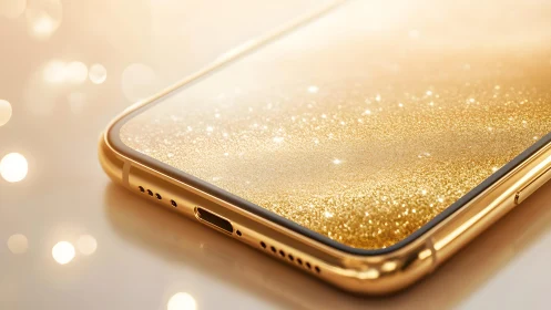Luxurious gold smartphone close-up with sparkling glitter finish.