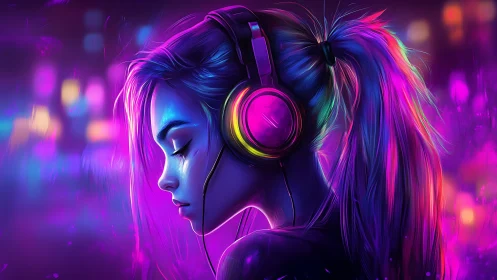 Neon-lit girl with headphones in vibrant cyberpunk profile.