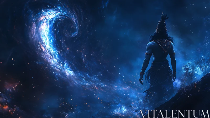 Mythic blue figure facing swirling cosmic vortex at night.