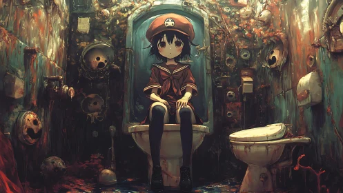 Small captain quietly rules a haunted rust-lit restroom