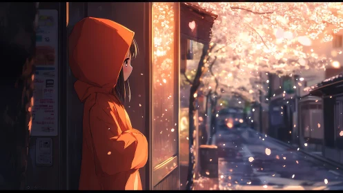 Girl in orange raincoat watching glowing cherry blossoms.
