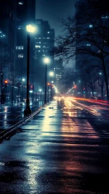 Rain-soaked city street at night with light trails only.