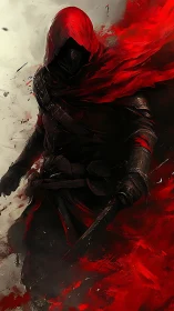 Hooded rogue assassin in red cloak amid painterly smoke