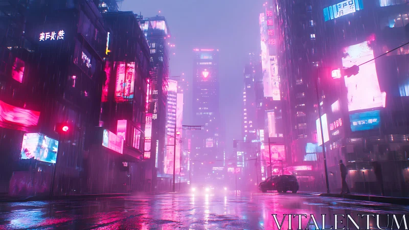 Neon-soaked cyberpunk avenue under drifting midnight rain.