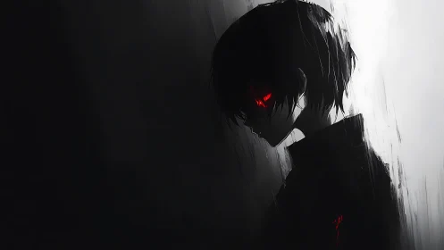 Side-lit anime silhouette isolates a figure with glowing eyes