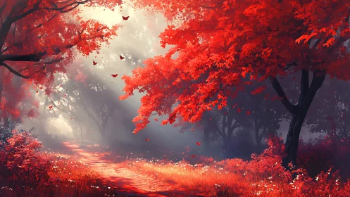 Red autumn forest canopy with glowing path and floating leaves.