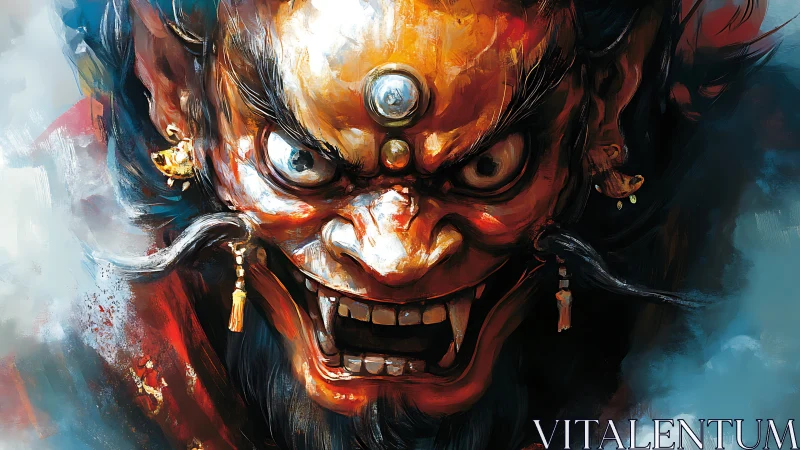 Fury-eyed oni warlord roaring through swirling stormlight.