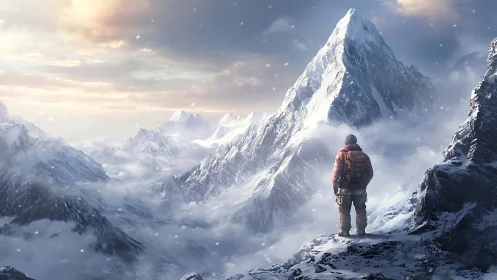 Lone mountaineer surveys towering snow peak at sunrise