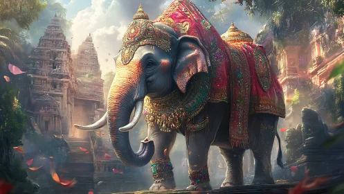 Regal temple elephant wrapped in shimmering festival silks.