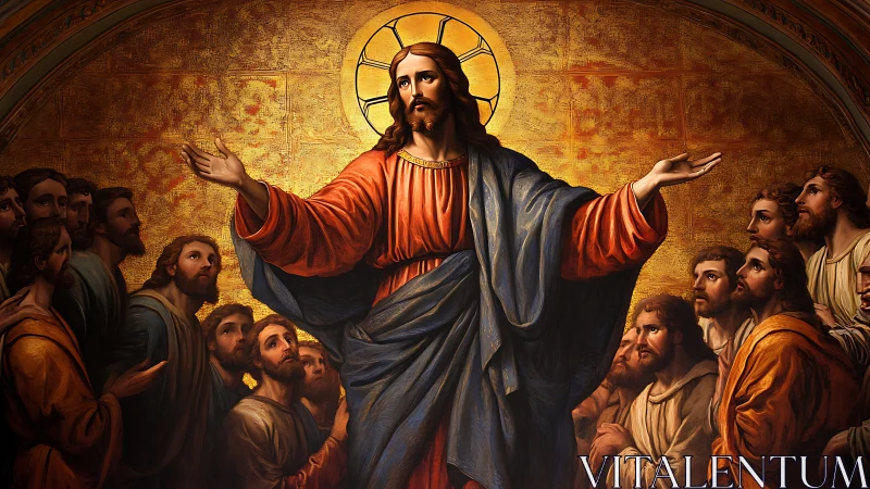 Radiant teacher in flowing robes gathers devoted listeners.