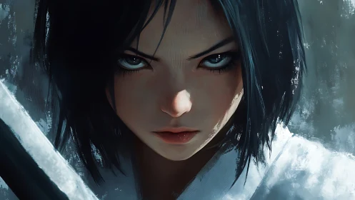 Stoic swordswoman portrait with intense icy gaze.