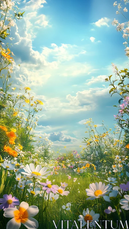 Sunlit wildflower meadow under expansive spring sky.