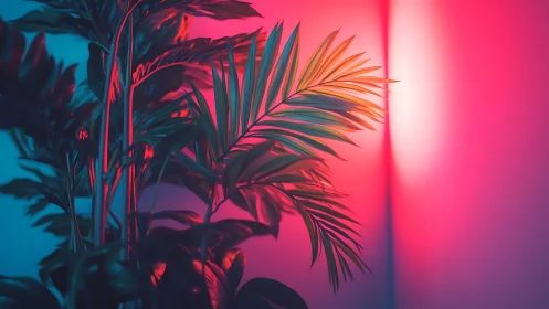 Neon palm leaves glow against dramatic pink and blue light.