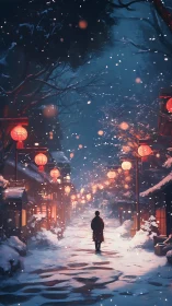 Snowy lantern street glows around a lone winter wanderer.