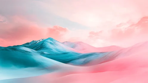Bicolor glacial mountain range rendered in cyan and pastel pink atmosphere
