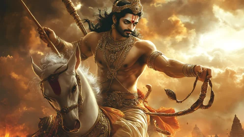 Warrior on armored white horse rides through glowing clouds