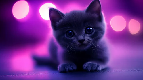 Black Kitten With Blue Eyes in Neon Purple Lighting