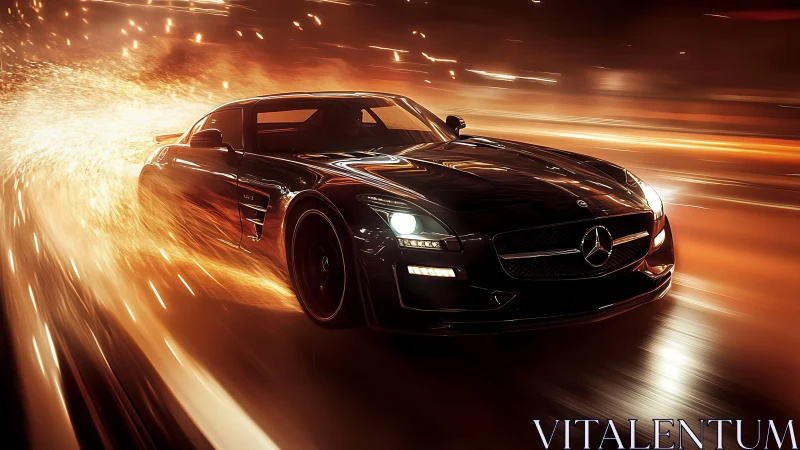 Midnight sports coupe cuts through molten city light trails.