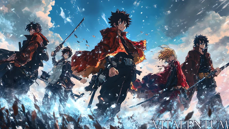 Storm-forged anime swordsmen stride through shattering skyfields.