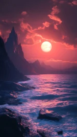 Hyperreal crimson seascape with jagged cliffs and low sun