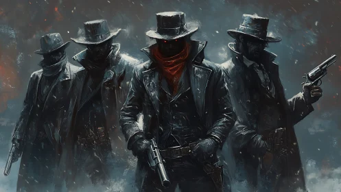 Four armed cowboys stand in dark coats with drawn guns