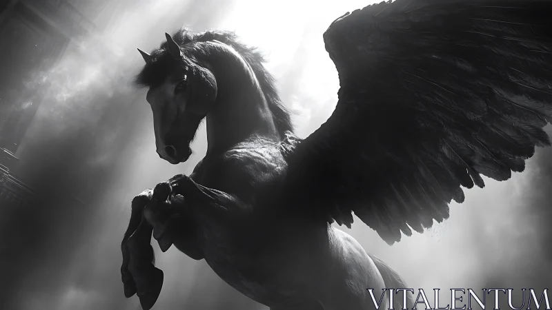 Winged black stallion rises through radiant storm light.