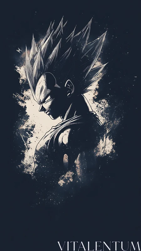 High-contrast ink illustration of spiky-haired warrior in profile