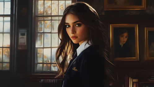 Student portrait glows in moody autumn library light.