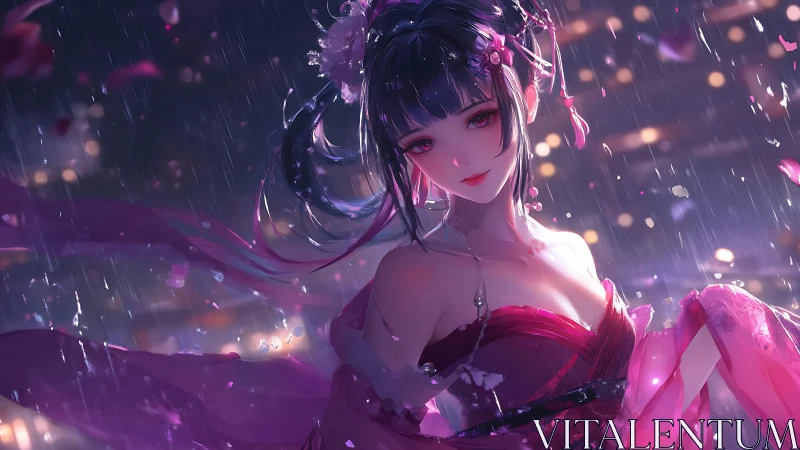 Rain-soaked anime heroine in magenta dress under bokeh night