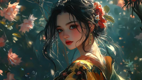 Digital portrait of floral kimono woman in soft bokeh garden.
