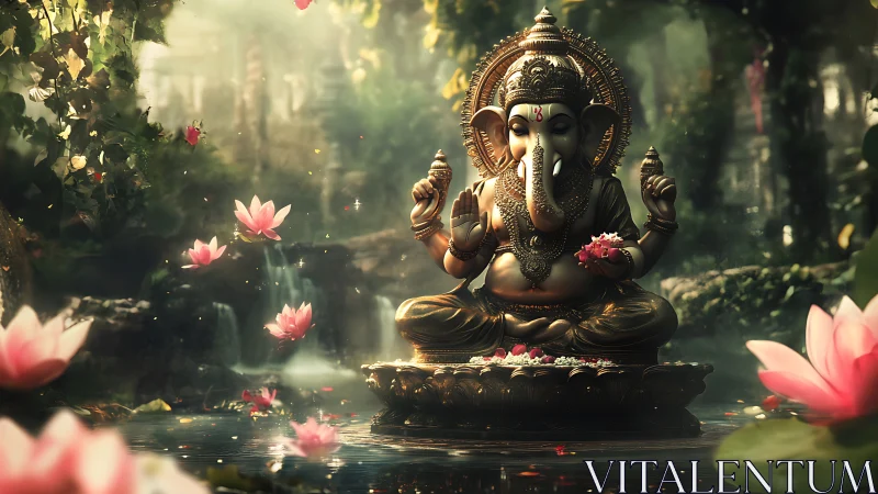 Golden Ganesha sits peacefully amid soft lotus blossoms