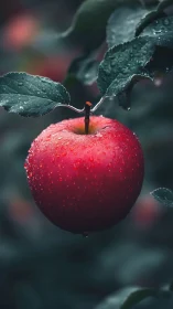 Photorealistic macro study of dewy red apple on branch.